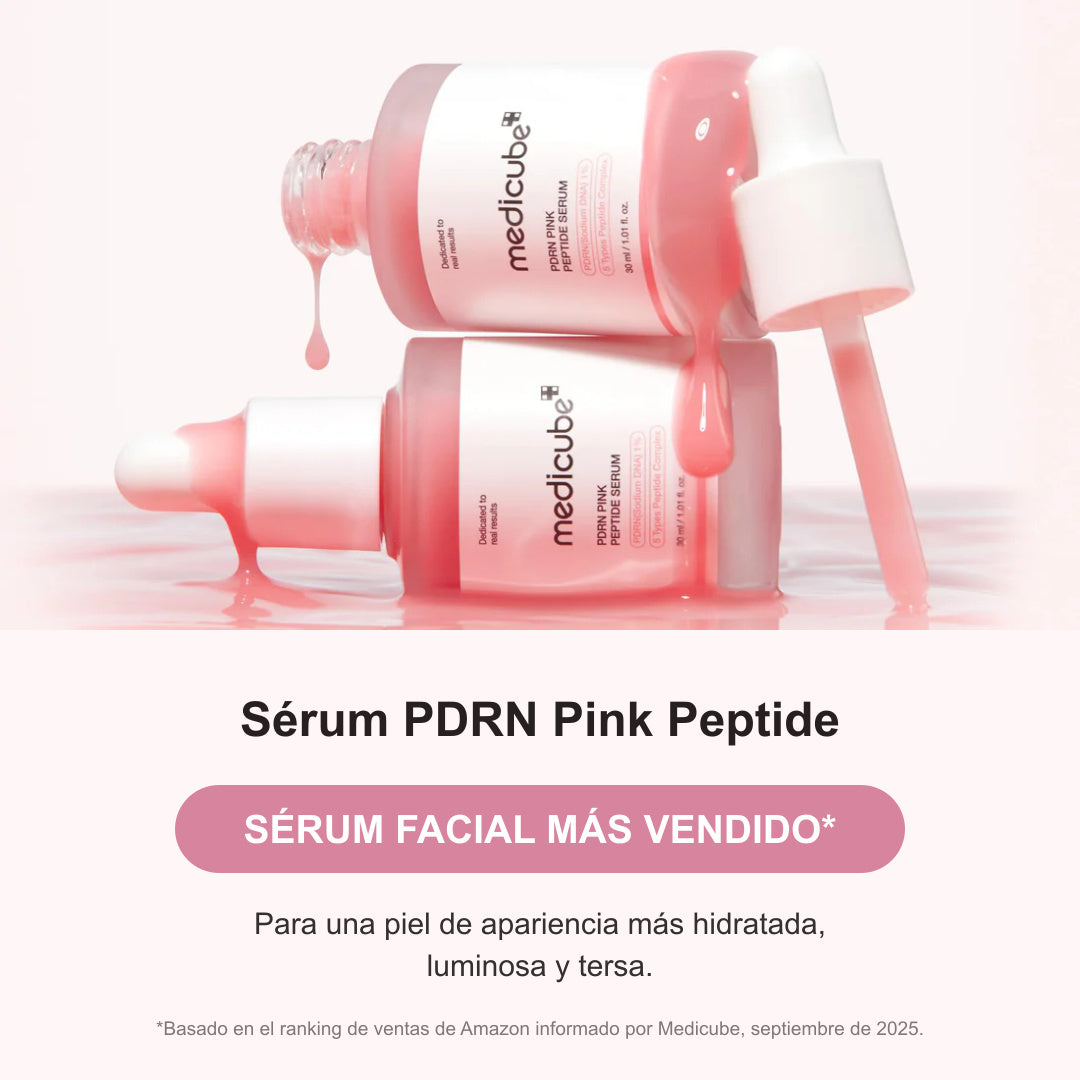 Medicube PDRN Pink Peptide Serum con textura rosada y mensaje de más vendido