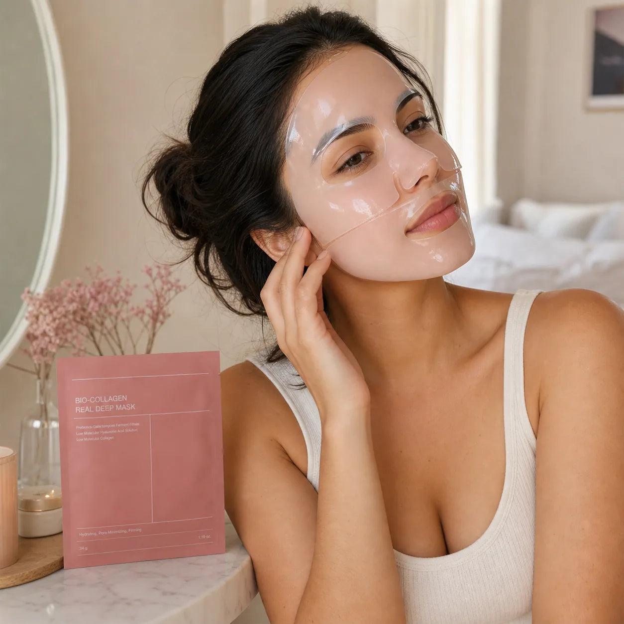 Mujer adulta usando mascarilla facial hidrogel Bio-Collagen Real Deep Mask