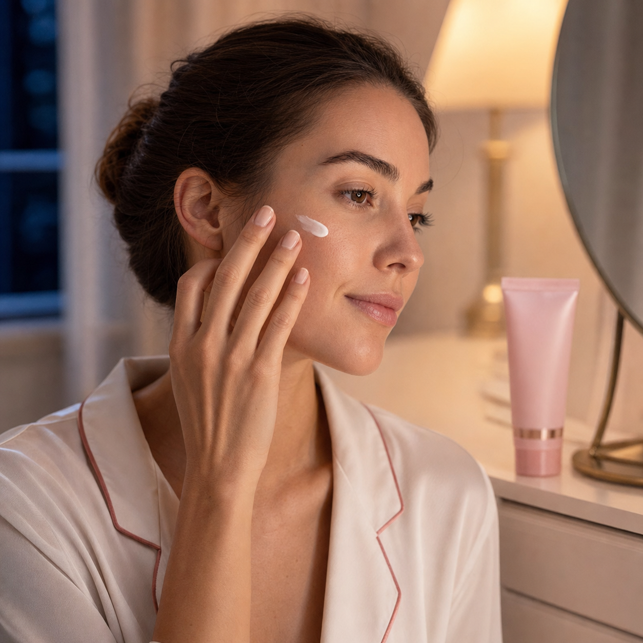 Aplicación de mascarilla nocturna en la mejilla
